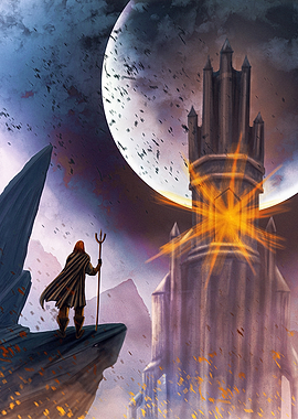 Mysterious Figure and Tower Under a Giant Moon