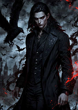 Gothic Vampire Lord with Raven and Castle