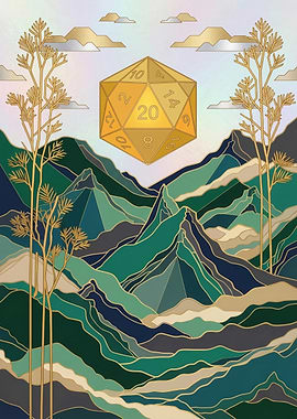 Fantasy Landscape with D20 Die