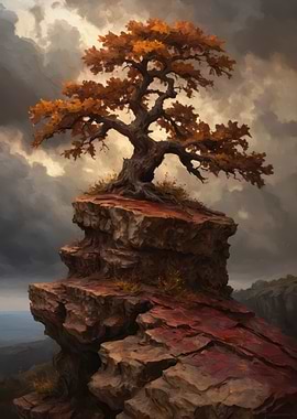 Solitary Autumn Tree on a Craggy Cliff — Dramatic Painterly Landscape