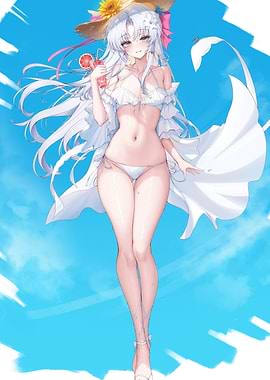 Anime Girl in White Bikini and Sun Hat