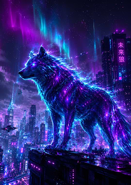Cyberpunk Wolf in Neon City