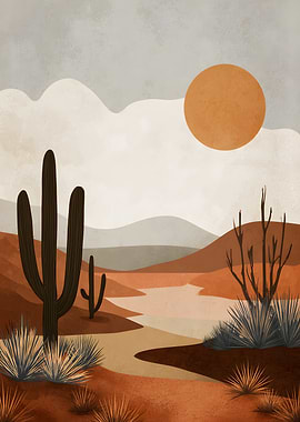 Desert Landscape with Cacti and Sun