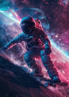 Astronaut skateboarding in space