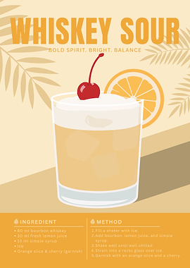 Whiskey Sour Cocktail Poster – Minimalist Bourbon Drink Art in Retro Style