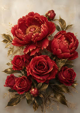 Red Peonies and Roses with Gold Accents