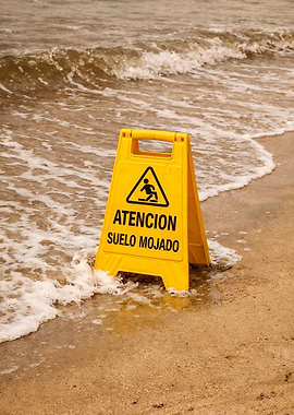 Yellow Wet Floor Sign on Beach