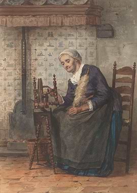 Woman Spinning Wool by Fireplace