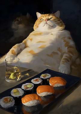 Fat Cat Enjoying Sushi and Drink