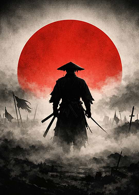 Samurai Warrior in Foggy Battlefield