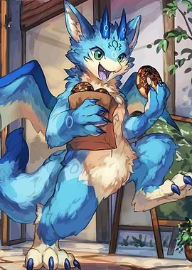 Blue Furry Dragon Character Eating Donuts