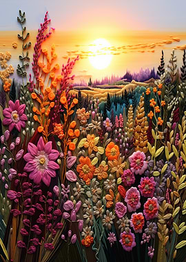 Embroidery Floral Landscape at Sunset