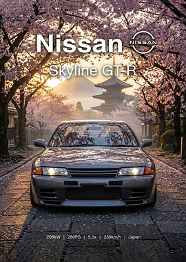 gray Nissan Skyline r32 with Mount Fuji