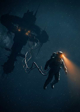 Astronaut and Space Station in Deep Space