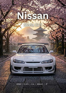 white jdm Nissan Silvia S15 with Mount Fuji