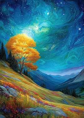 Golden Tree Under Starry Sky