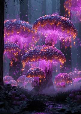 Enchanted glowing mushrooms in a dark forest