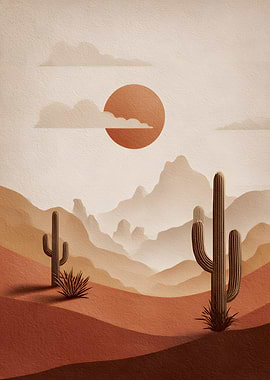 Desert Landscape with Cacti and Sun