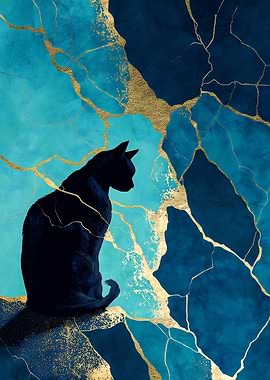 Black Cat on Abstract Kintsugi Background