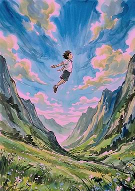 Boy flying in a vibrant sky