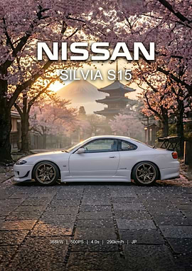white Nissan Silvia S15 with Mount Fuji in japan