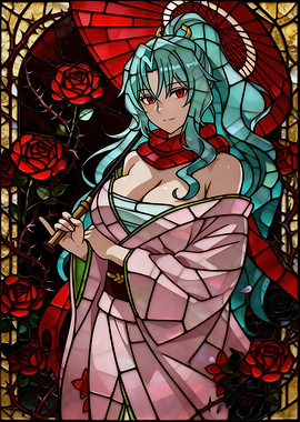 Anime Stained Glass Woman with Roses