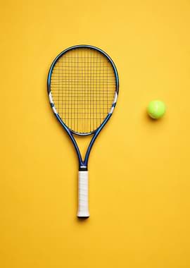 Tennis racket and ball on yellow background