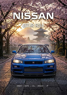 blue Nissan GT-R R34 in Japan Mount Fuji