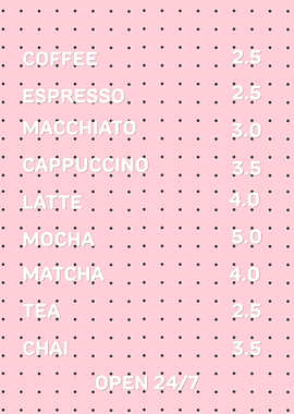 Pink Cafe Menu with Coffee Drinks