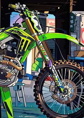 Green Motocross Bike in Workshop