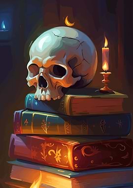 Skull on Stack of Books with Candle