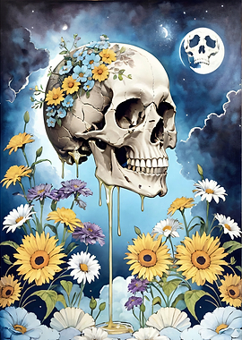 Skull with Flowers and Moon