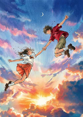 Couple holding hands in the sky