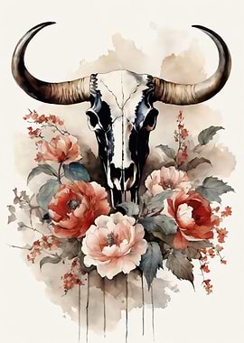 Bull Skull with Flowers Watercolor