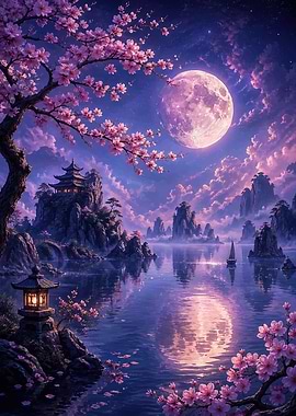 Enchanting Japanese Landscape Under a Full Moon
