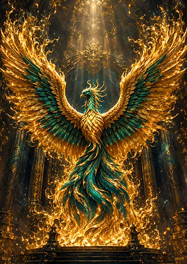 Golden Phoenix Rising from Flames