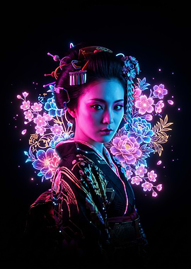 Neon Geisha with Floral Accents