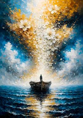 Solitude at Sea: Man in Boat a Burst of Blossoming Light