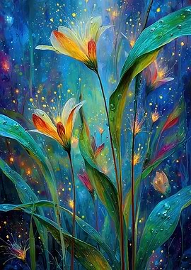 Magical Glowing Flowers in Blue Forest