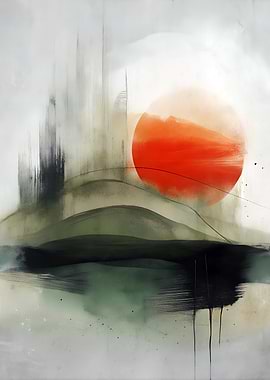 Abstract Landscape with Red Sun