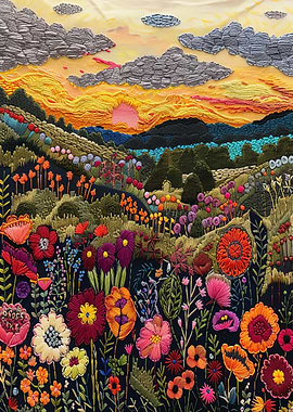 Embroidered Sunset Landscape with Wildflowers