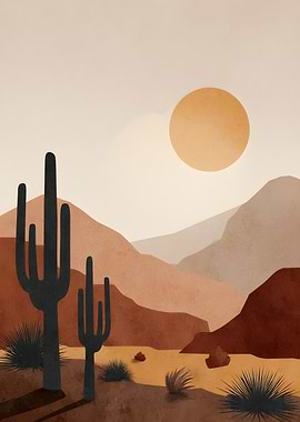 Desert Landscape with Cacti and Sun