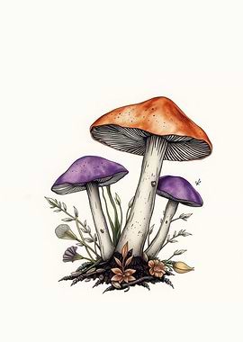 Mushroom Illustration with Flowers
