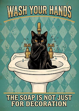 Black Cat in Sink Wash Your Hands Vintage