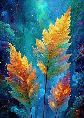 Vibrant Feathery Plants in Blue Forest
