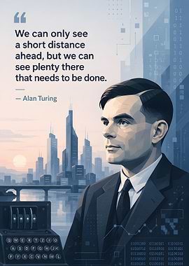 Alan Turing quote with cityscape