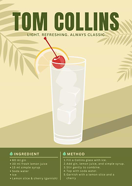 Tom Collins Cocktail Poster – Minimalist Gin Drink Art in Fresh Retro Style
