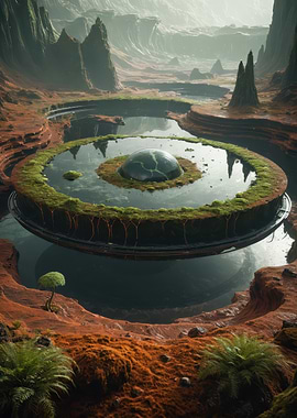 Floating Oasis in an Alien Canyon — Moss-ringed Basin with Glass Dome