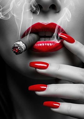 Woman with Red Lips Smoking a Cigar