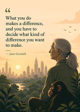 Jane Goodall and Chimpanzee Overlooking City